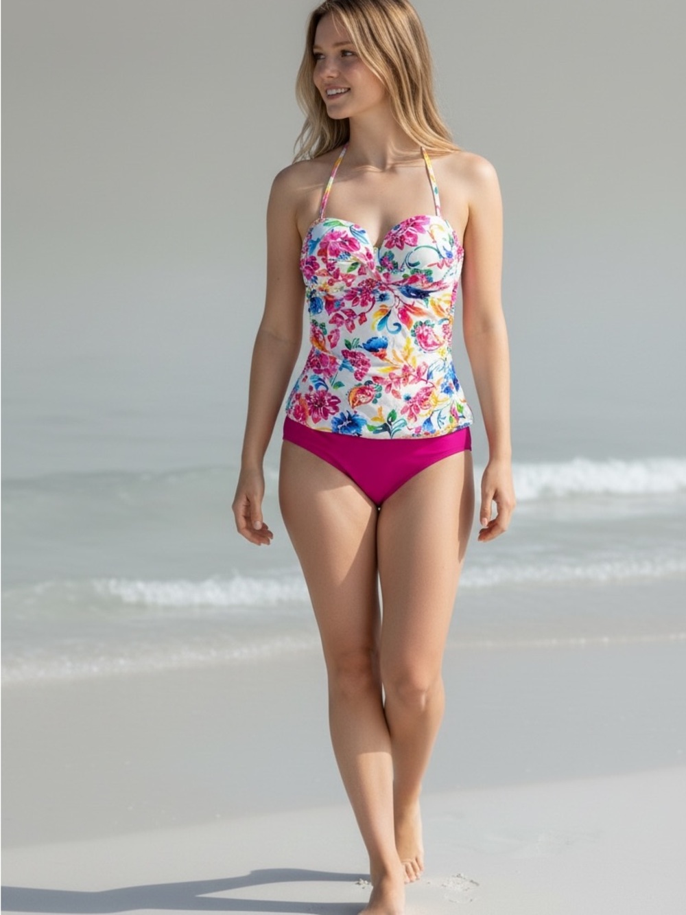 Anne Cole Hot Pink Halter Swim Top and ruched bottoms.